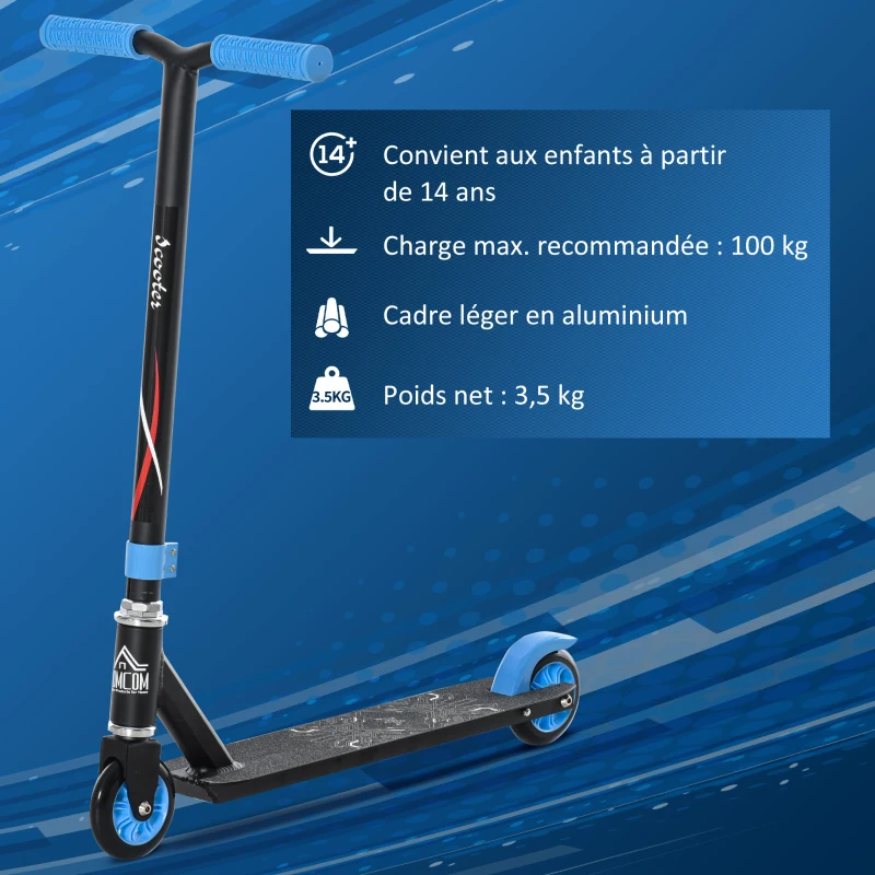 HOMCOM Trottinette freestyle cascade 2 roues PU pour adultes et adolescents plus de 14 ans roue avant rotation à 360° noir et bleu
