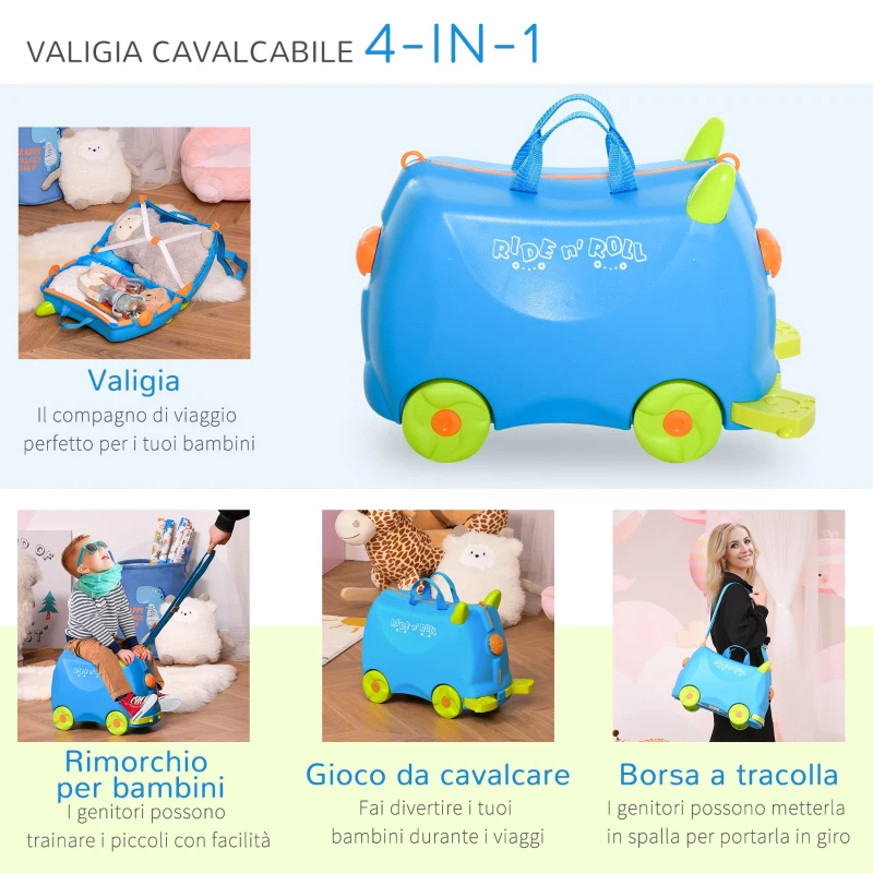 HOMCOM Valigia Cavalcabile Bimbi, Trolley per Bambini 3-6 Anni, Bagaglio a Mano per Aereo, Azzurro, 46x22x33.5cm