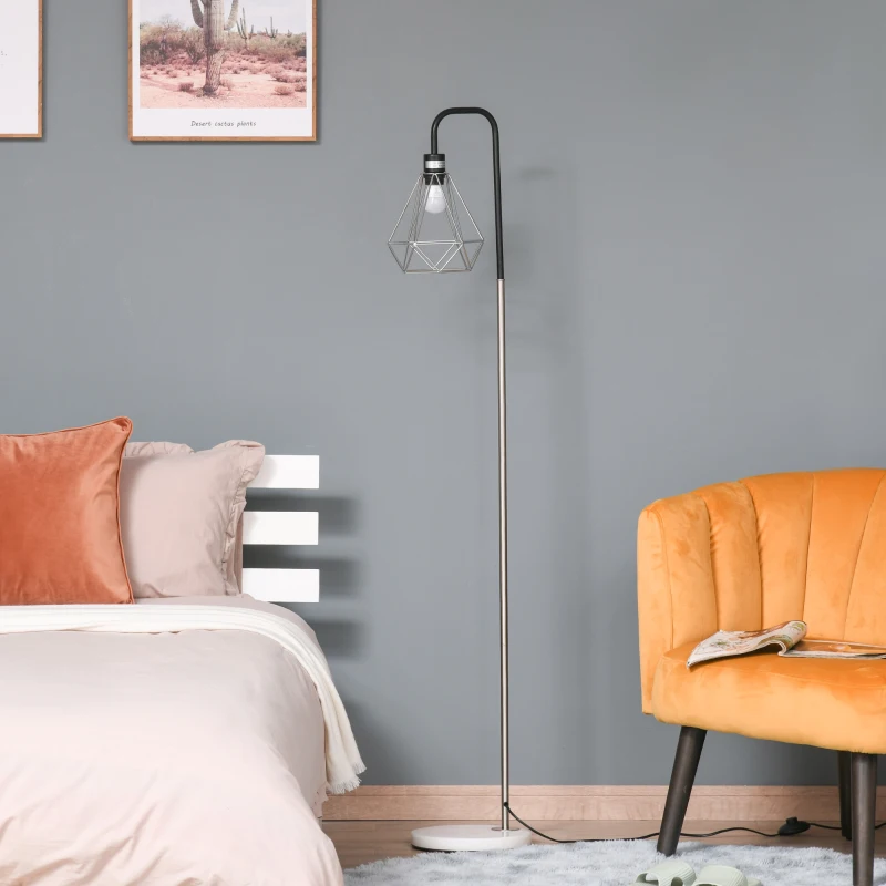 HOMCOM Lampada da Terra Moderna Paralume in Filo Metallico Palo in Metallo e Base in Marmo Ф25x152cm Nero Argento Bianco