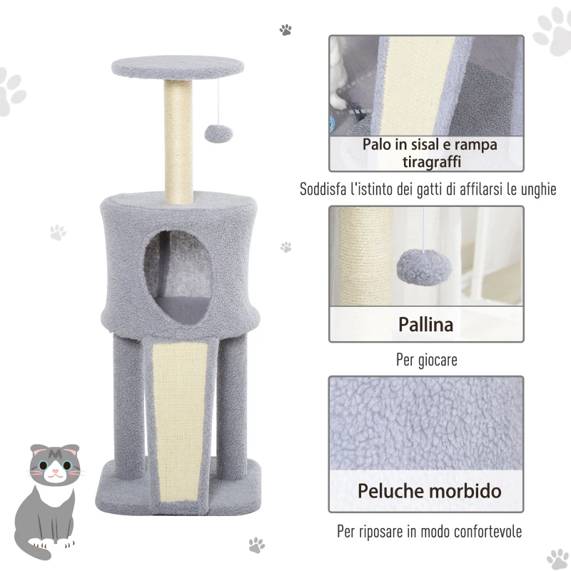 PawHut Tiragraffi a Colonna per Gatti con 3 Livelli Cuccia e Corda Sisal Grigio