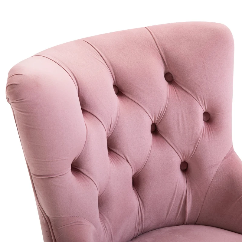 Homcom Poltroncina in Velluto Rosa con Gambe in Legno e Schienale Trapuntato
