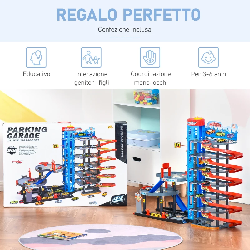 HOMCOM Garage Giocattolo a 7 Livelli con Rampe, Ascensore ed Eliporto, Elicottero e Macchinine Incluse, 92x46x71cm, Multicolore