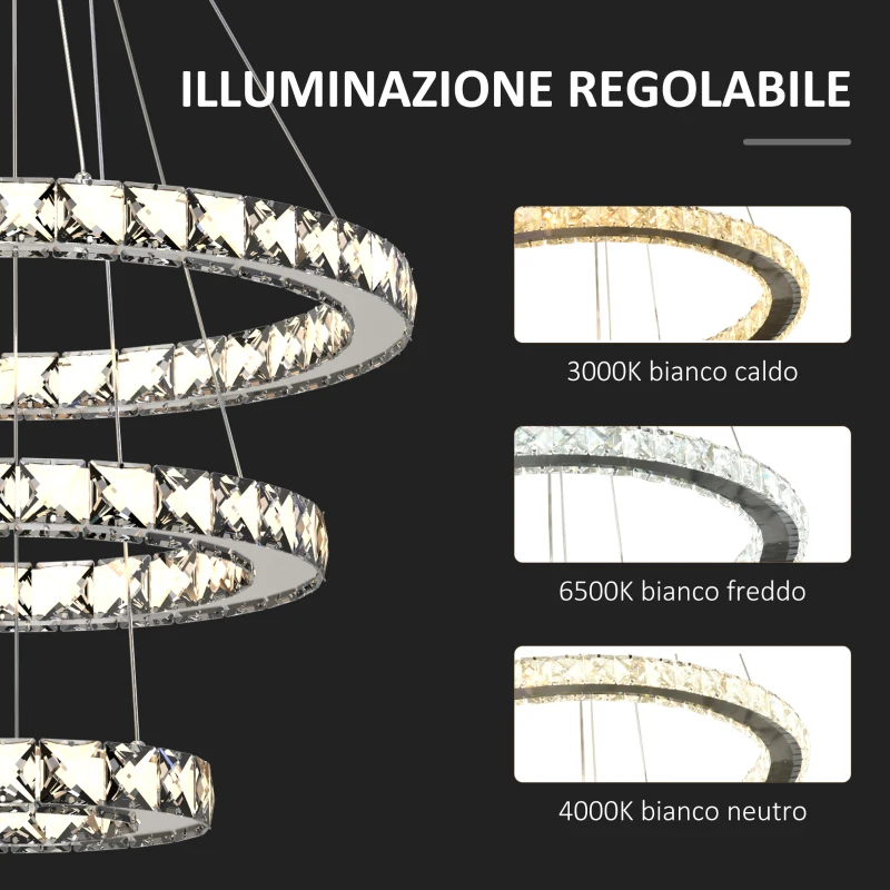 HOMCOM Lampadario Moderno LED a 3 Anelli con Cristalli e Telecomando, Altezza Regolabile, 3 Tonalità di Luce, 71W, Ф40x120cm