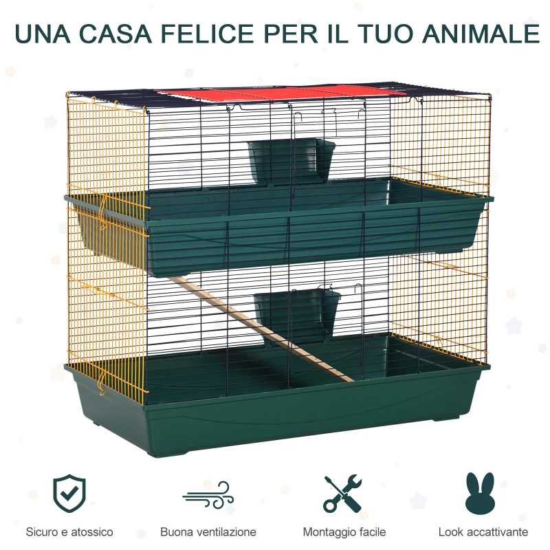 PawHut Gabbia per Conigli Porcellini d'India e Piccoli Animali a 2 Livelli con Rampa, 3 Porte e 2 Mangiatoie, 118x59x102cm