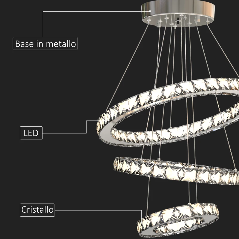 HOMCOM Lampadario Moderno LED a 3 Anelli con Cristalli e Telecomando, Altezza Regolabile, 3 Tonalità di Luce, 71W, Ф40x120cm