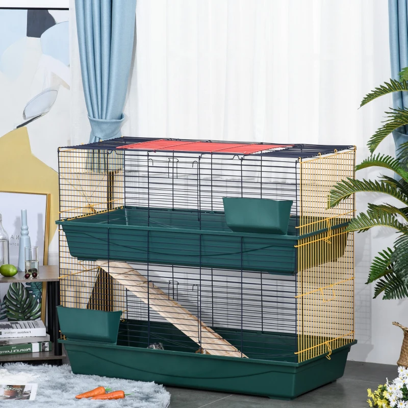 PawHut Gabbia per Conigli Porcellini d'India e Piccoli Animali a 2 Livelli con Rampa, 3 Porte e 2 Mangiatoie, 118x59x102cm