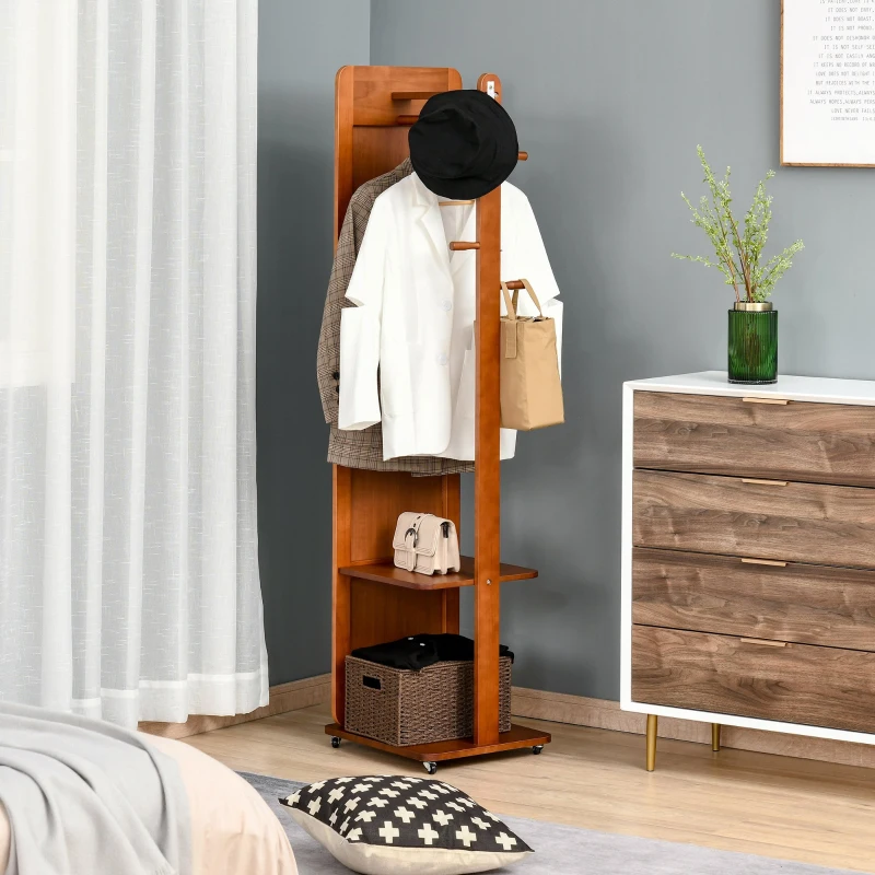 HOMCOM Specchio da Terra con Appendiabiti, Mensole e Ruote, Sistema Antiribaltamento, MDF e Legno, 40x44.5x170cm, Noce