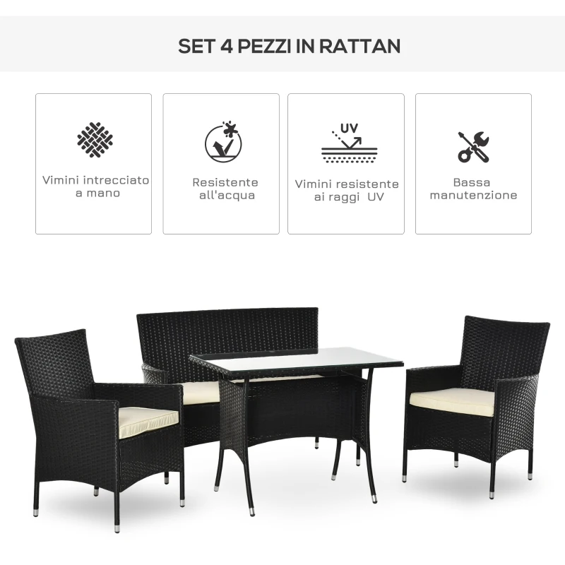 Outsunny Salotto da Giardino con Tavolo, 2 Poltrone e Divano 2 Posti, Set Mobile da Giardino in Rattan PE con Cuscini, Nero e Bianco