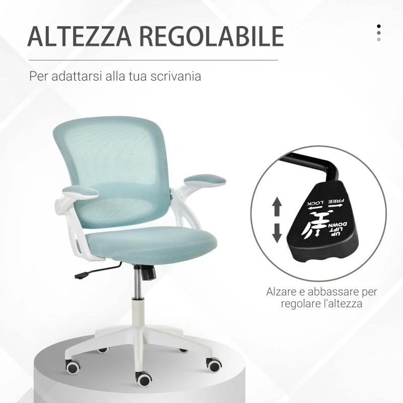 Vinsetto Sedia da Ufficio Ergonomica con Schienale a Rete e Seduta Imbottita, Altezza Regolabile, 65.5x61.5x88-97.5cm, Azzurro