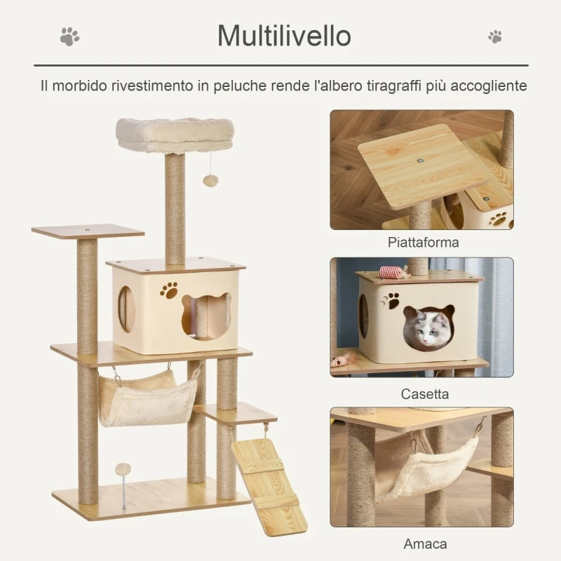 PawHut Albero Tiragraffi Multilivello con Casetta, Amaca, Scaletta e Corde in Juta, Rivestimento Peluche, 60x40x130cm, Giallo