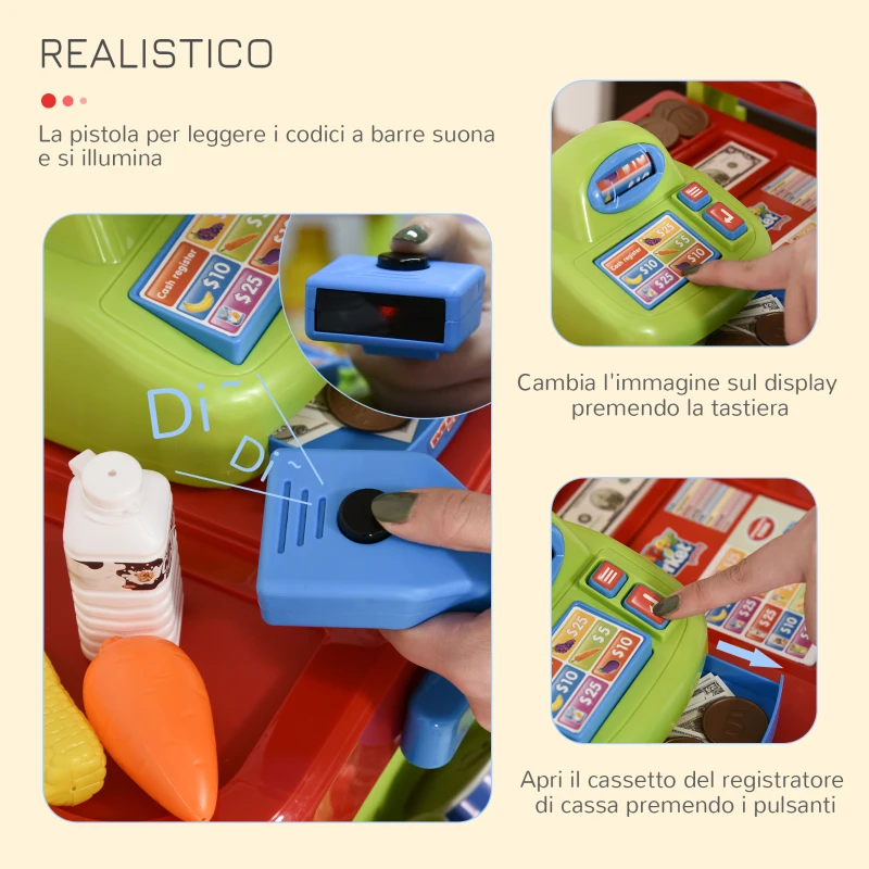 HOMCOM Gioco Supermarket per Bambini Luci e Suoni Cassa Giocattolo e Accessori