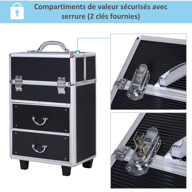 HOMCOM Valise trolley maquillage mallette cosmétique vanity poignée télescopique réglable 36L x 23l x 58H cm alu noir