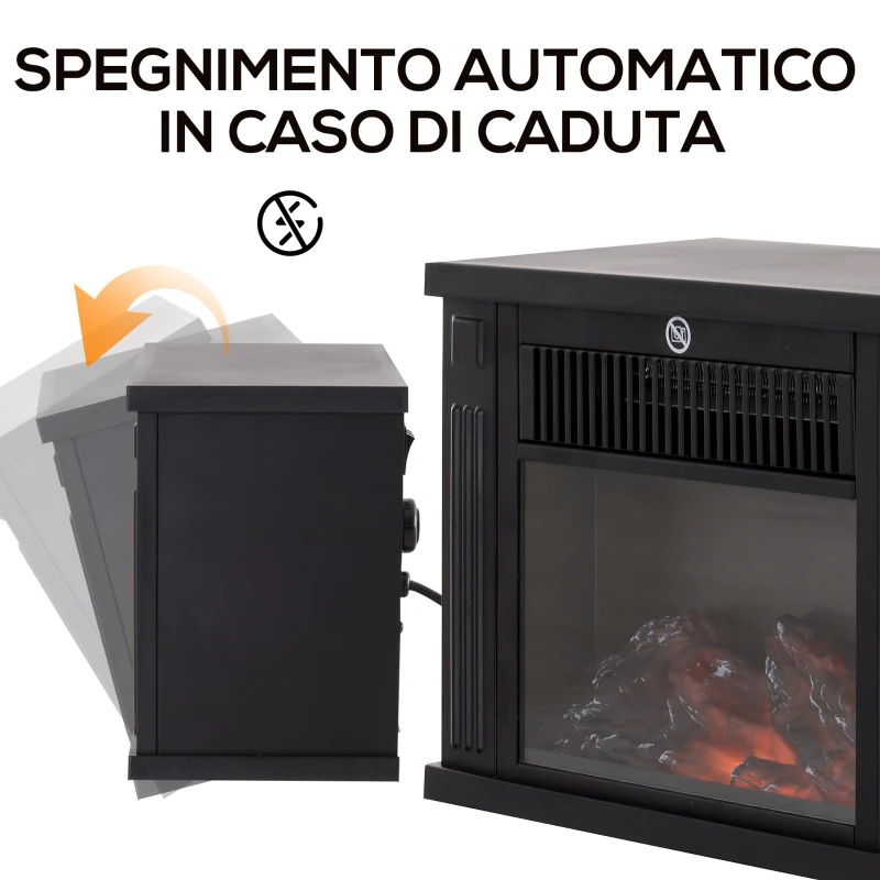 HOMCOM Camino Elettrico da Tavolo con Effetto Fiamma, Caminetto con Potenza Regolabile 600/1200W, Copertura 10-15m², Nero