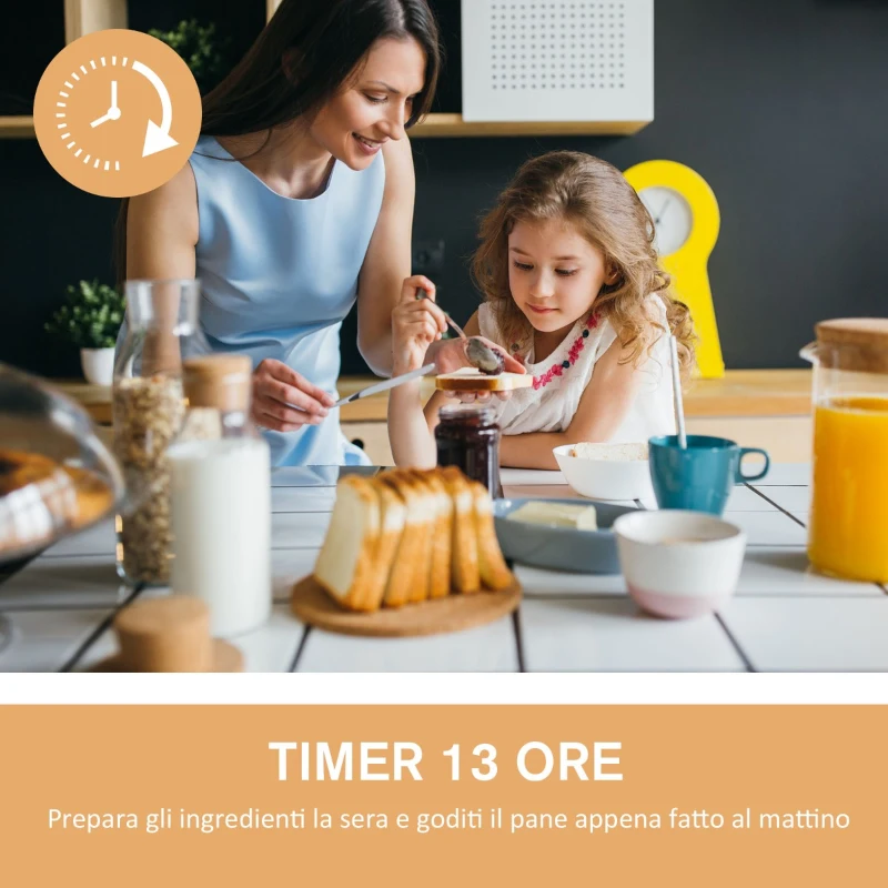 HOMCOM Macchina per il Pane 11 Programmi, Timer 13 Ore e 1 Ora Mantenimento del Calore, Antiaderente, 550W, Biacno, 29.6x23.3x29.2cm