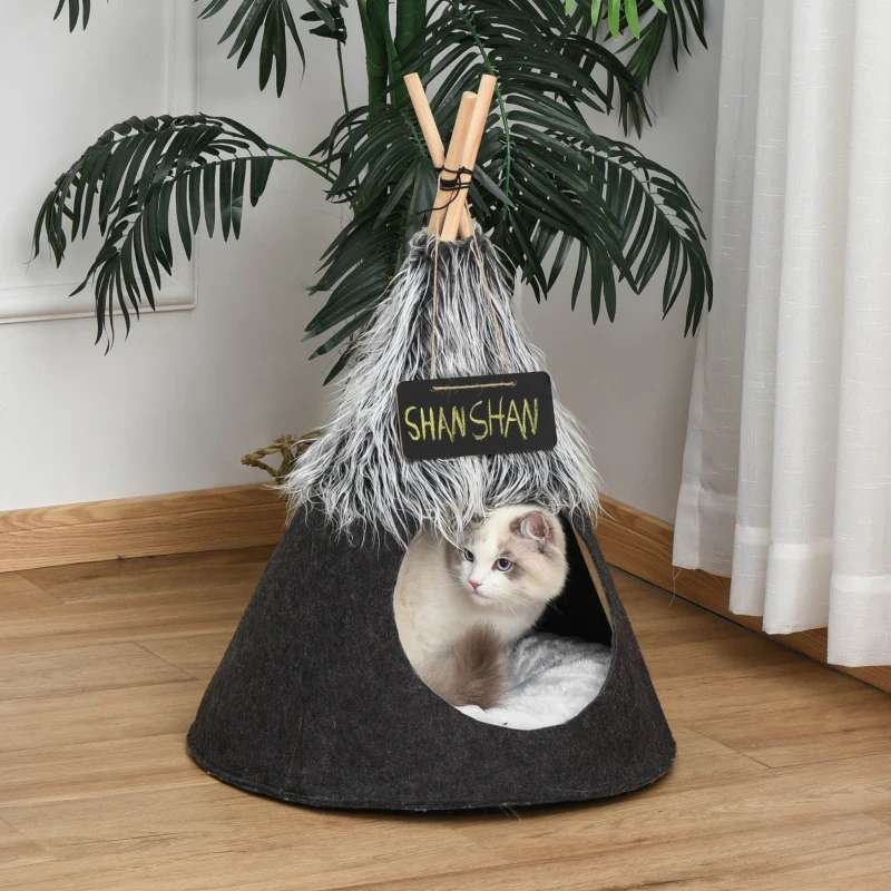 PawHut Tenda per Gatti, Cuccia per Cani o Gatti fino 6kg, Cuccia per Cani Piccoli da Interno, Teepee Grigio Φ50x70cm