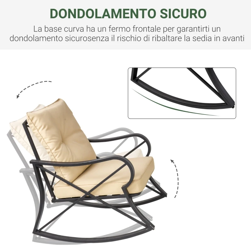 Outsunny Set Tavolino e Sedie da Giardino a Dondolo con Cuscini, Ripiano in Vetro e Struttura in Acciaio Beige