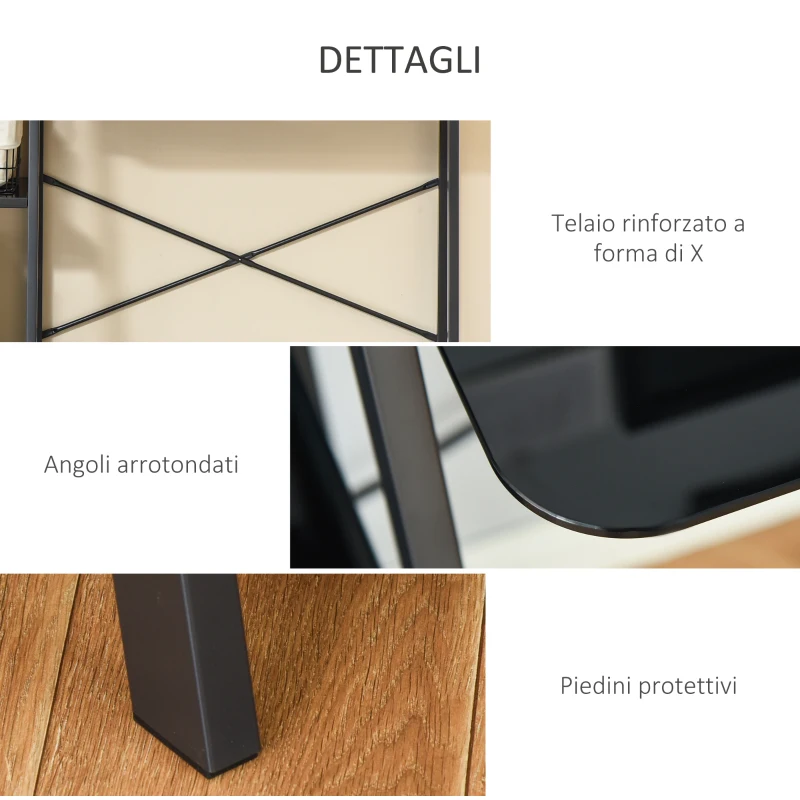 HOMCOM Scrivania per Camera e Ufficio con Scaffale 3 Ripiani, Scrivania Moderna in Vetro e Metallo, 126x45x86.7cm, Nero