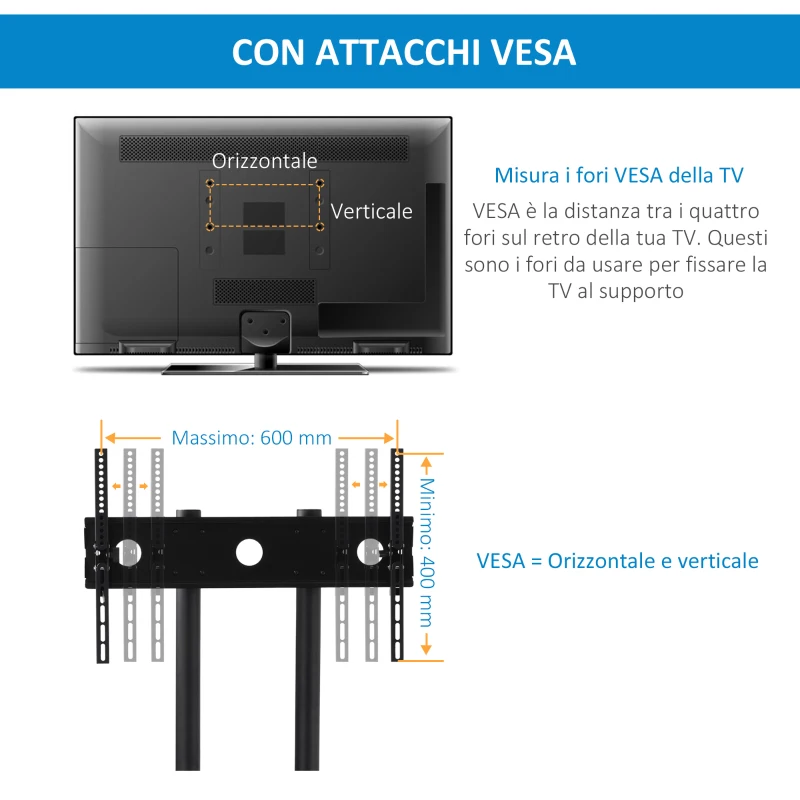 HOMCOM Carrello Porta Televisione con Ruote per TV 32-65'', Altezza e Angolazione Regolabile, Nero