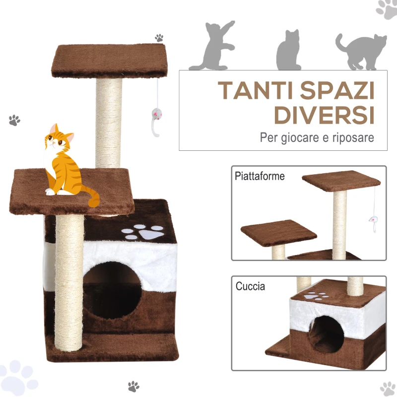 PawHut Albero Tiragraffi per Gatti con Topolino Appeso in Peluche Sisal Naturale Marrone 45x33x70cm