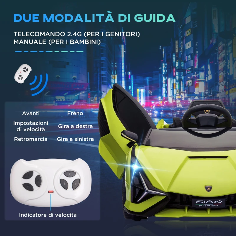 HOMCOM Lamborghini Macchina Elettrica per Bambini 12V con Fari e Musica, Telecomando e Velocità 3-5km/h, Età 3-5 Anni, 108x62x40cm, Verde