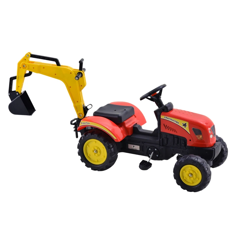 HOMCOM Escavatore Giocattolo per Bambini 3-6 Anni con Pedali, Braccio Mobile e Volante, Rosso, Giallo e Nero 131x42x59cm