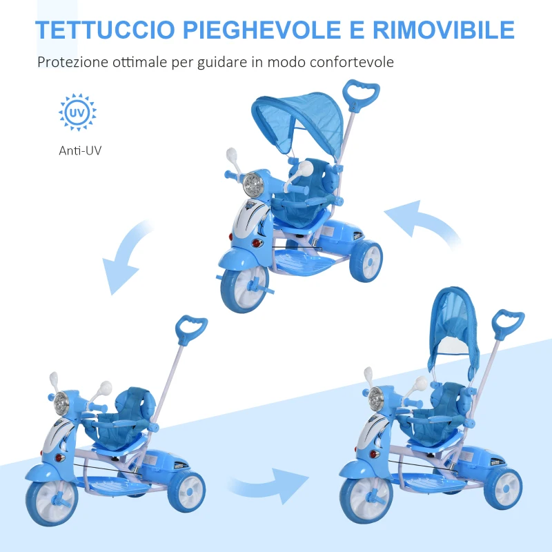 HOMCOM Triciclo con Maniglione a Forma di Moto per Bambini 18-72 Mesi (25kg) con Tettuccio Rimovibile e Bauletto, Azzurro
