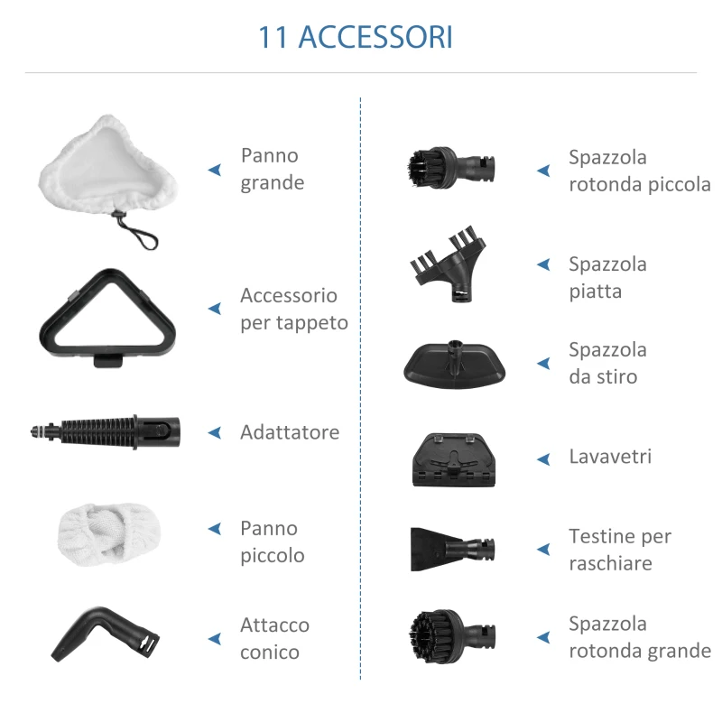HOMCOM Scopa a Vapore Elettrica con 11 Accessori, Serbatoio 450 ml, 1330 W - Bianca