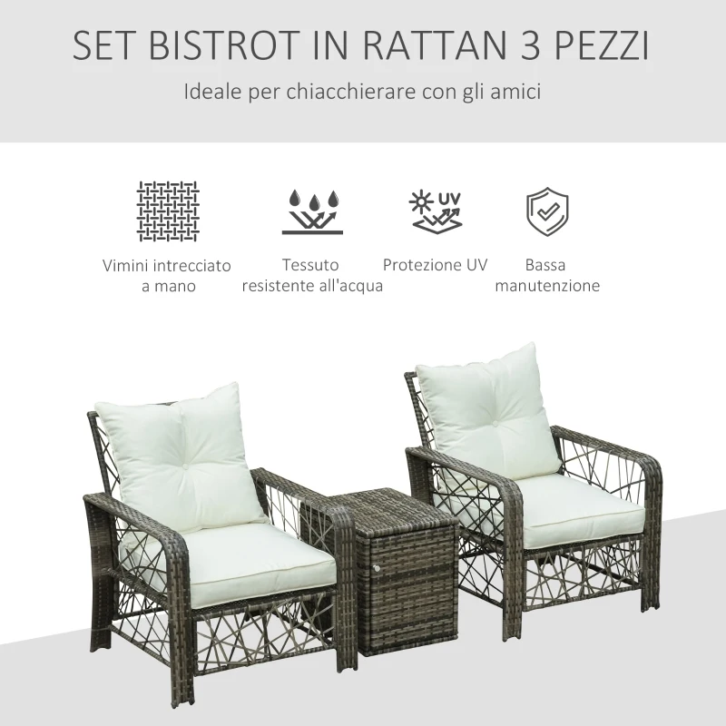 Outsunny Set 2 Poltrone da Giardino e Tavolino Contenitore in Rattan PE e Acciaio, Arredamento da Esterno Grigio e Beige