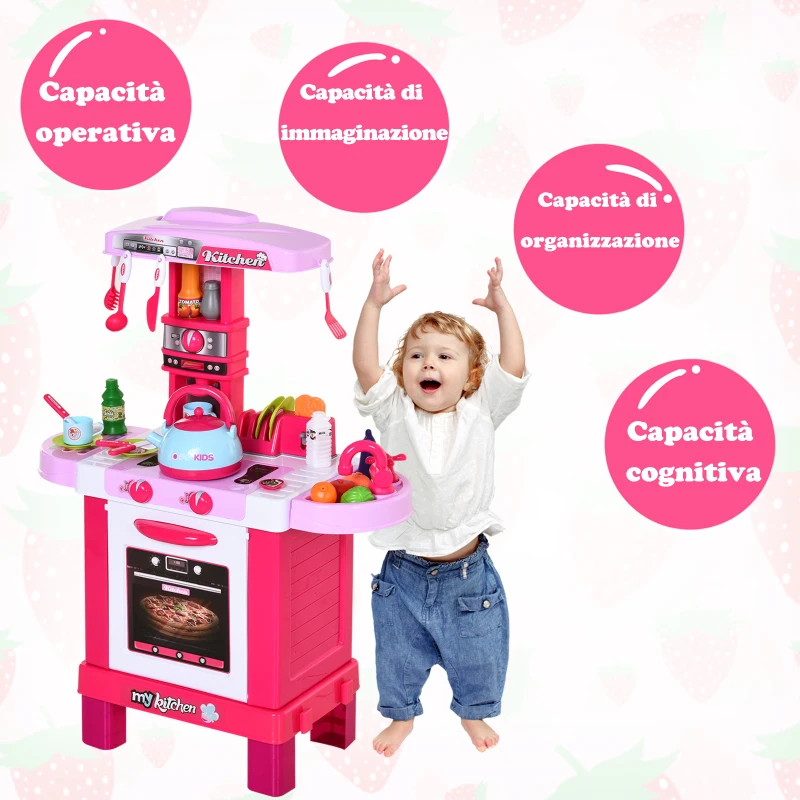 HOMCOM Cucina Giocattolo per Bambini con Suoni e Luci 33 Accessori Inclusi