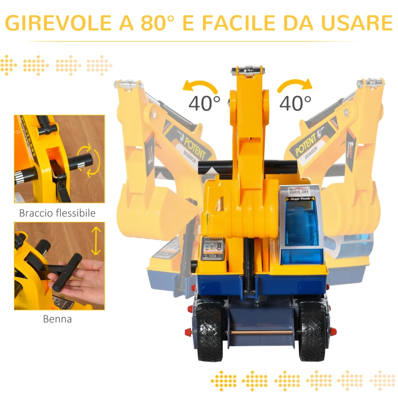 HOMCOM Ruspa Giocattolo con Escavatore Manuale, Seduta Girevole e Casco, Gioco Cavalcabile Bambini 2-3 Anni, 77x26x55cm, Giallo
