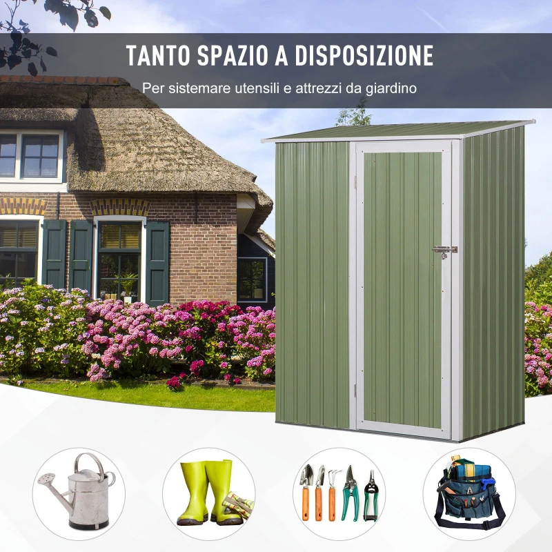 Outsunny Casetta da Giardino Porta Utensili in Lamiera di Acciaio, Capanno da Giardino in Acciaio con Porte Scorrevoli, 143x89x186cm, Verde Chiaro