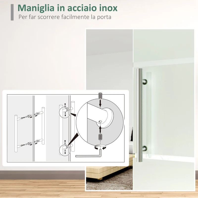 HOMCOM Porta Scorrevole Interna in Vetro Smerigliato e Satinato con Binario B2 e Maniglia per Bagno Cucina Studio Vetro 205x 90x 0,8cm
