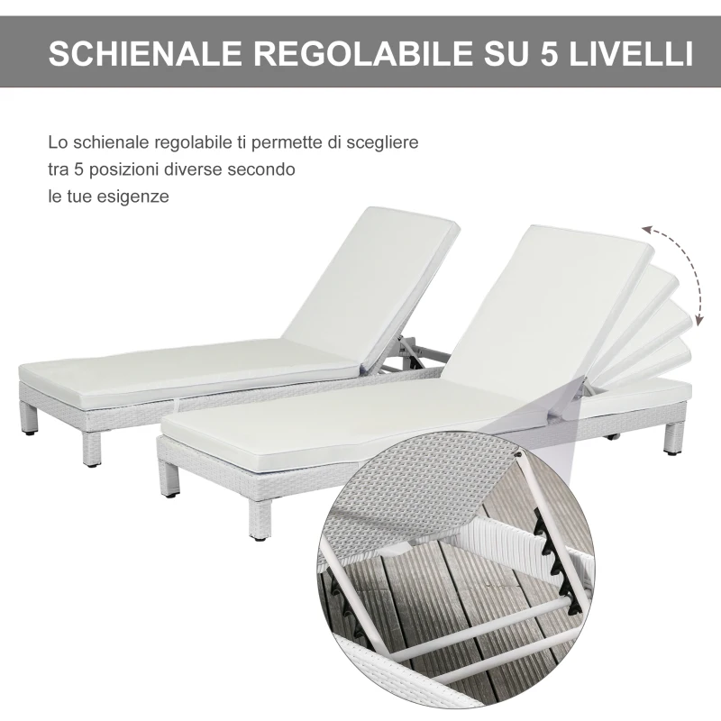Outsunny Set 2 Sdraio da Giardino Cuscino Imbottito Regolabile su 6 Livelli in Rattan 196 x 65 x 22 cm, Bianco