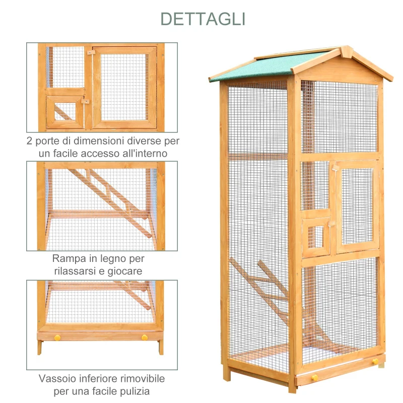 PawHut Gabbia per Uccellini da Esterno in Legno di Pino, Voliera con 2 Aperture e Scaletta, 68x63x165cm
