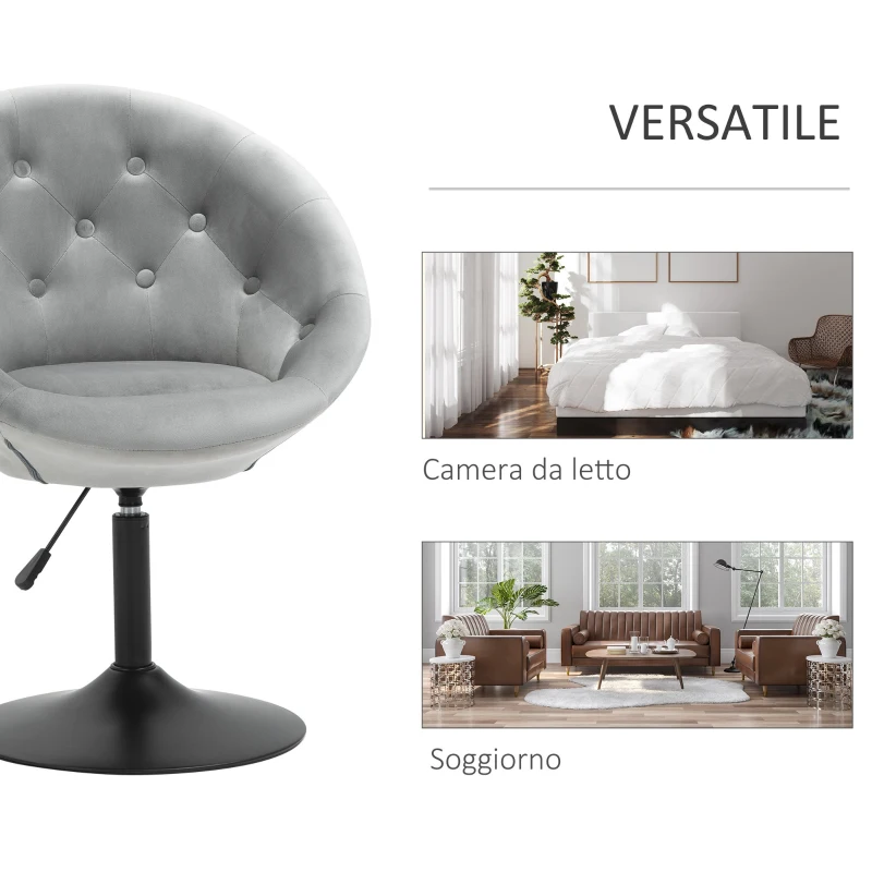 HOMCOM Sgabello Alto Poltrona in Velluto con Schienale e Altezza Regolabile, Arredamento Moderno Casa 66x60x82-94cm Grigio