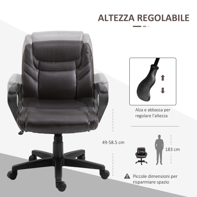 Vinsetto Sedia da Ufficio con Funzione Dondolio in Similpelle Marrone con Altezza Regolabile, Design Elegante ed Ergonomico, 62x62x90-99.5cm