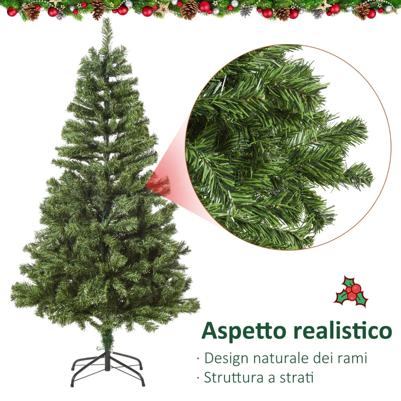 HOMCOM Albero di Natale Artificiale da 150cm con 490 Rami e 170 Luci a LED, Base Pieghevole e Rimovibile