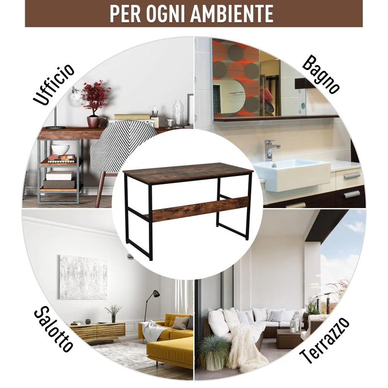 HOMCOM Scrivania Moderna Design Industriale in Metallo e Pannelli Truciolari Impermeabili e Antigraffio con Mensola, 120x60x77cm