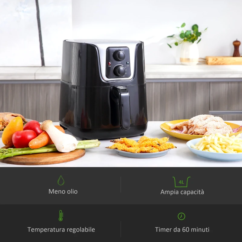 HOMCOM Friggitrice ad Aria Calda Temperatura Regolabile da 80-200°C, 1300W, Friggitrice Senza Olio da 4L con Timer 30 minuti, Spegnimento Automatico, Nero