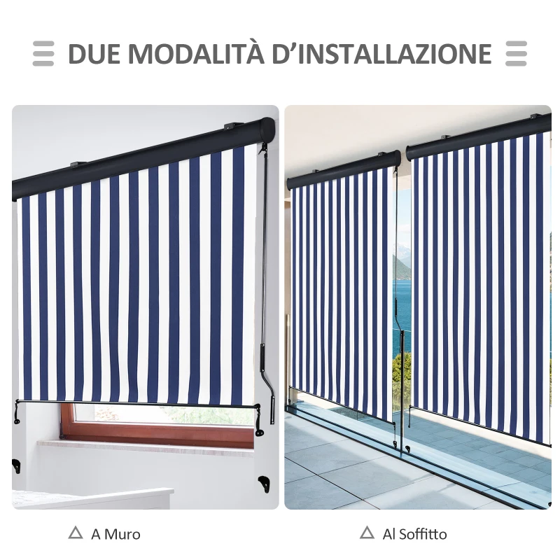 Outsunny Tenda Avvolgibile a Rullo da Esterno, Impermeabile, Funzionamento Manovella, Grigia Bianca e Blu 140 x 200 cm