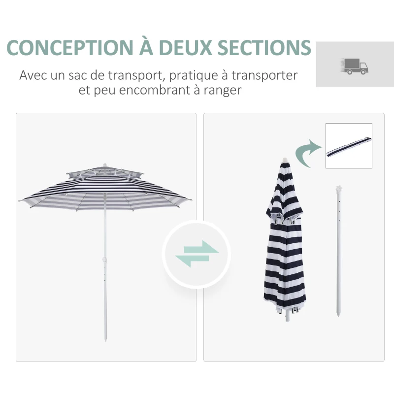 Outsunny Parasol droit octogonal double toit Ø 223 cm tissu polyester haute densité anti-UV hauteur réglable sac de transport inclus bleu blanc