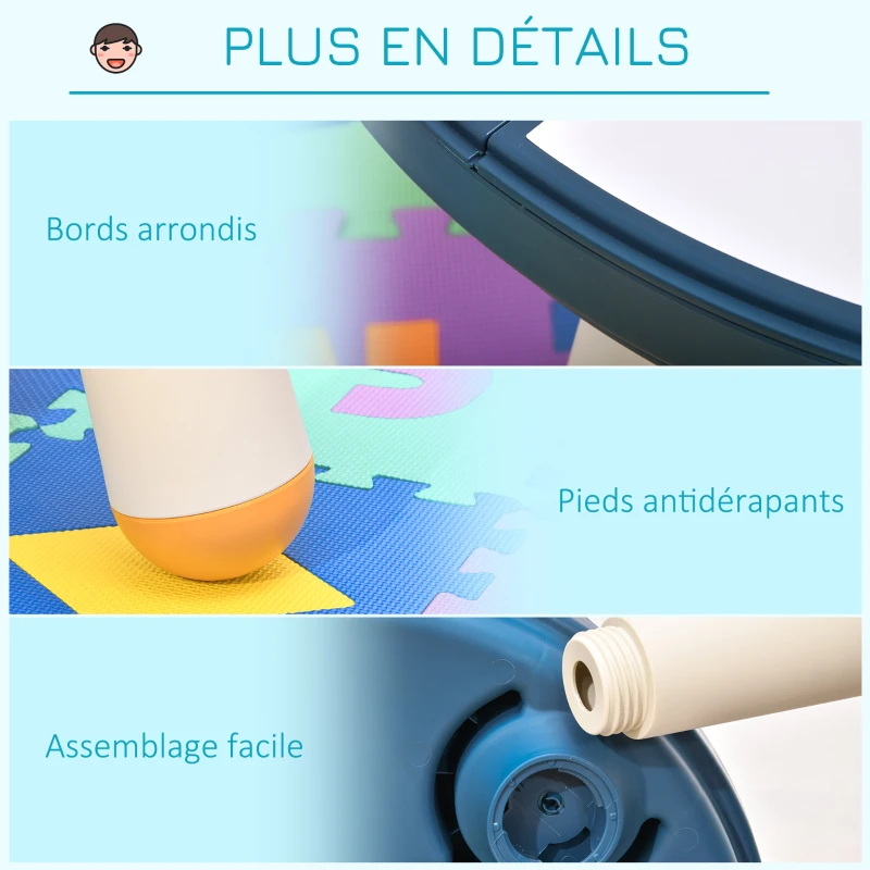 HOMCOM Ensemble table de construction bureau enfant table à dessin 3 en 1 multi-activités pour enfant avec tabouret Ø 63 x 49H cm bleu et blanc