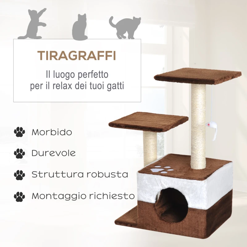 PawHut Albero Tiragraffi per Gatti con Topolino Appeso in Peluche Sisal Naturale Marrone 45x33x70cm