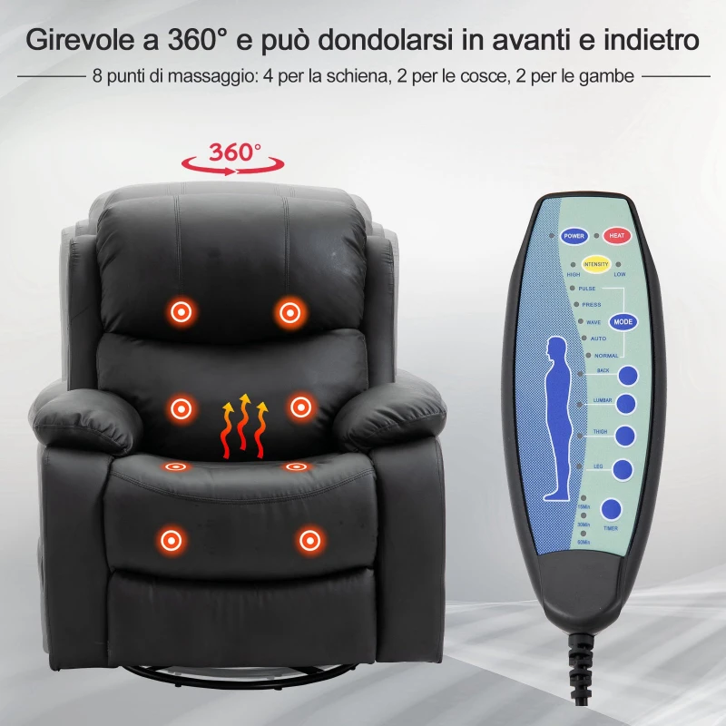 HOMCOM Poltrona Relax Massaggiante con 8 Punti, Poltrona Reclinabile Riscaldante in Pelle PU 97 x 92 x 104cm Nero