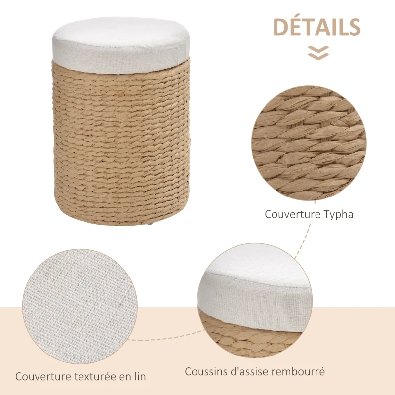 HOMCOM Tabouret de Rangement Repose-Pieds 2 en 1 Design Simple et Moderne Idéal pour Salon Chambre Salle de Bain Ø 30 x 40 cm Beige