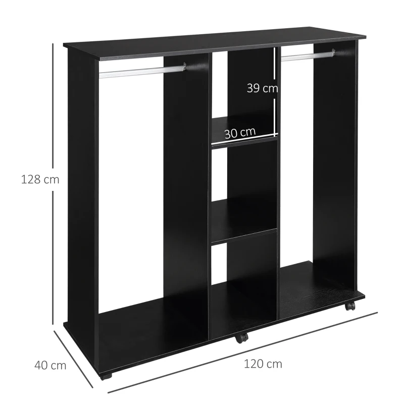 HOMCOM Armadio con 2 Guardaroba, 5 Ripiani e 6 Ruote, in Legno e Alluminio, 120x40x128 cm, Nero