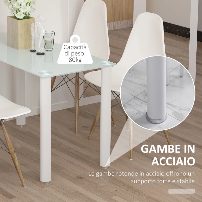 HOMCOM Tavolo Rettangolare Moderno da Cucina e Soggiorno, Gambe Rotonde in Metallo e Piano in Vetro Temperato, 120x60x75cm, Bianco
