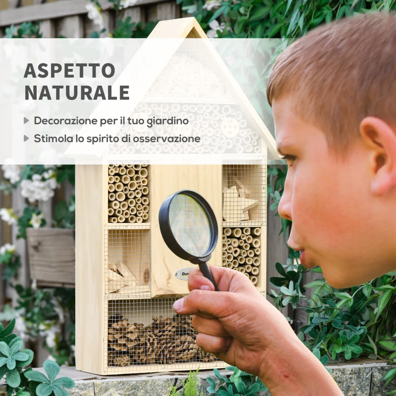 Outsunny Casa per Insetti da Giardino a 5 Livelli in Legno e Bambù, Casetta per Coccinelle, Api e Farfalle, 32x12.5x57cm