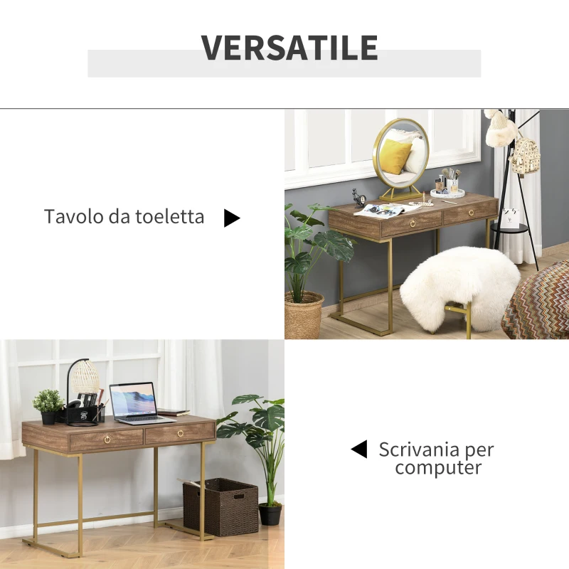 HOMCOM Tavolo Multiuso Scrivania Moderna e Toeletta con 2 Cassetti, in Metallo e MDF, 110x55x76cm Marrone e Oro