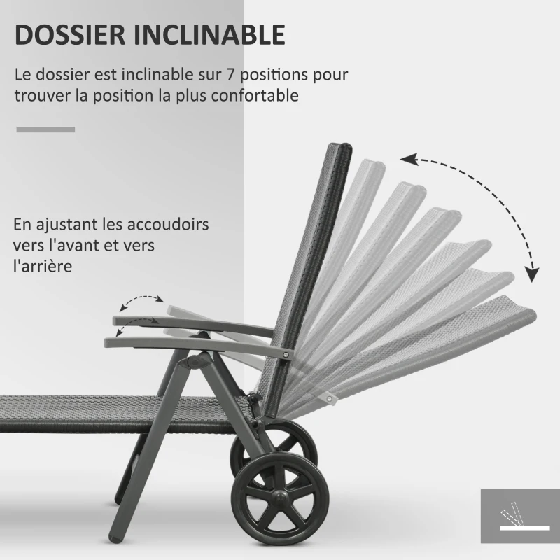 Outsunny Transat bain de soleil pliable style colonial inclinaison réglable multipositions accoudoirs roues résine tressée 4 fils noir